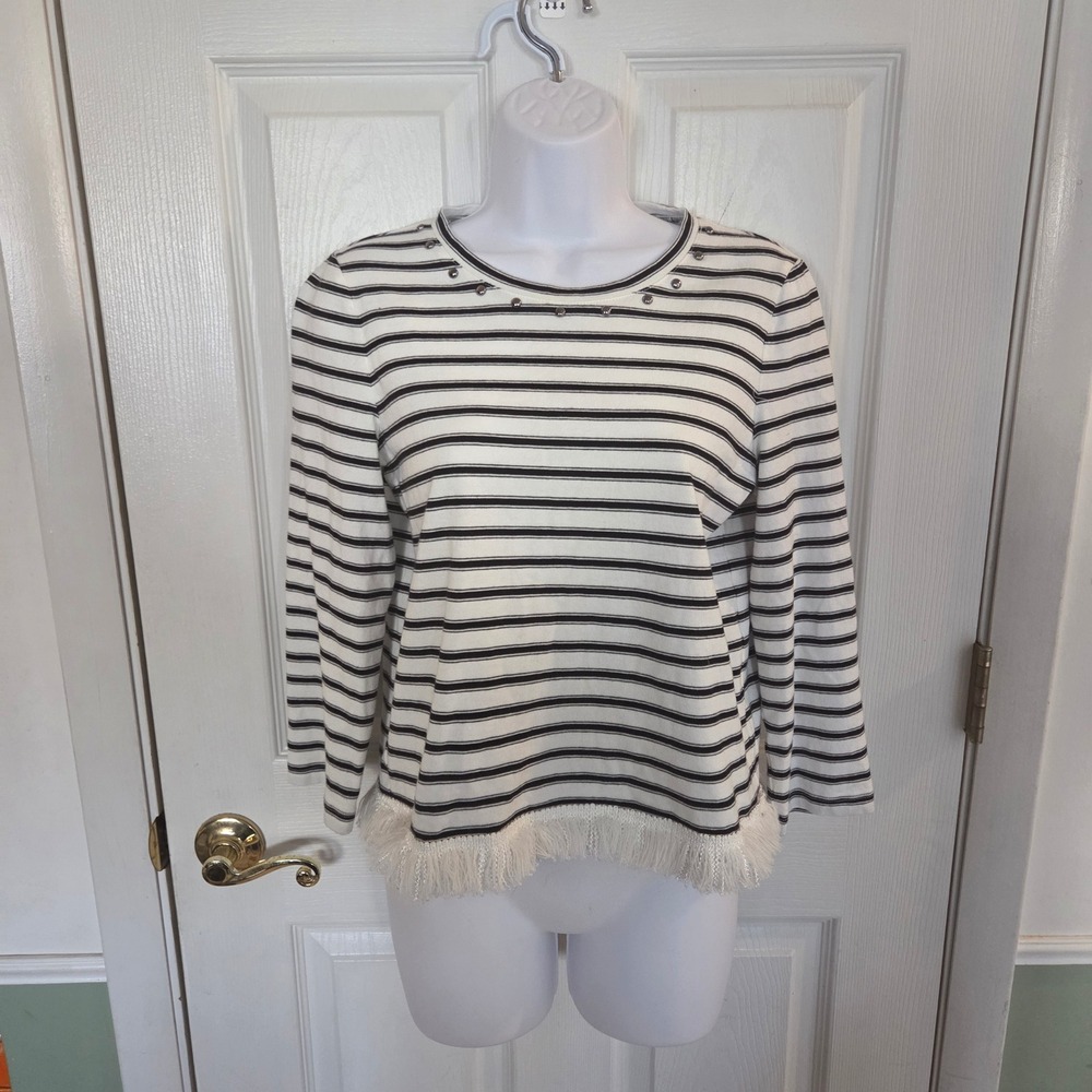 Kate Spade New York S Striped Studded Fringe Hem Top Black White Designer Basic